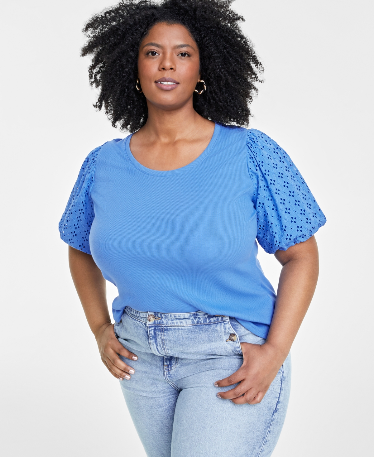 Shop On 34th Trendy Plus Size Eyelet Elbow-sleeve T-shirt, Created For Macy's In Regatta