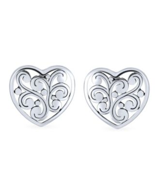 Swirl Filigree Scroll Heart Shaped Stud Earrings Sterling Silver