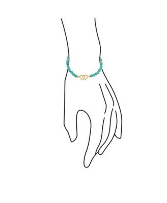 Interlocking Hearts BFF Synthetic Compressed Turquoise Strand Bead Stretch Bracelet Gold Plated Sterling Silver