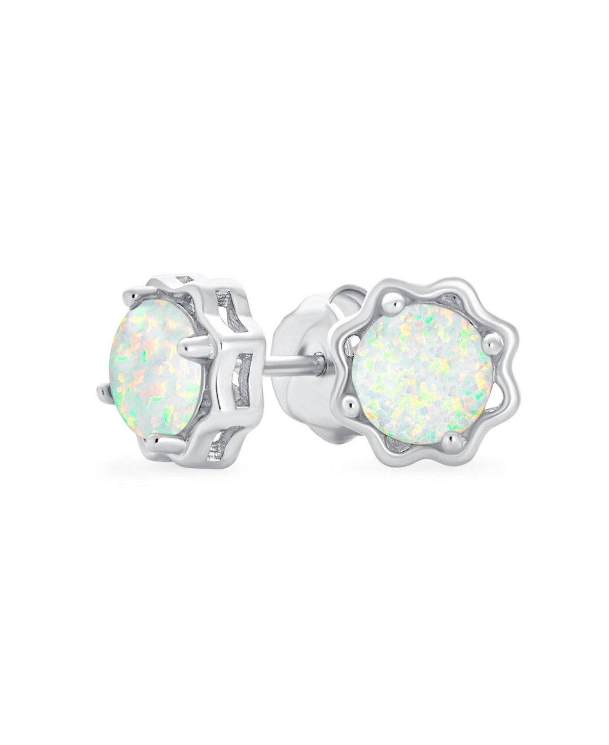 Gemstone Round 1.5 Ctw Solitaire Created White Opal Stud Earrings For Women Flower Basket Setting .925 Sterling Silver October Birthstone - Opal