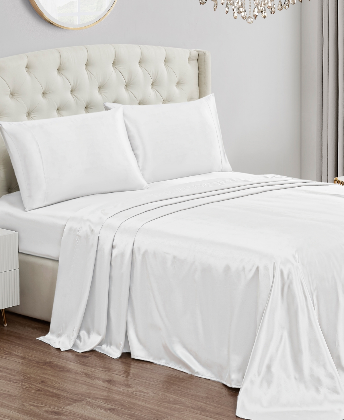 Juicy Couture Satin 4 Piece Sheet Set, Full In Pure White