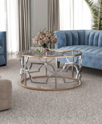 36" Metal, Glass Camille Modern Round Glass Top Coffee Table