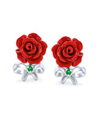 Delicate Floral Blooming Flower Emerald Green CZ Bow Ribbon 3D carved Red Rose Stud Earrings Sterling Silver