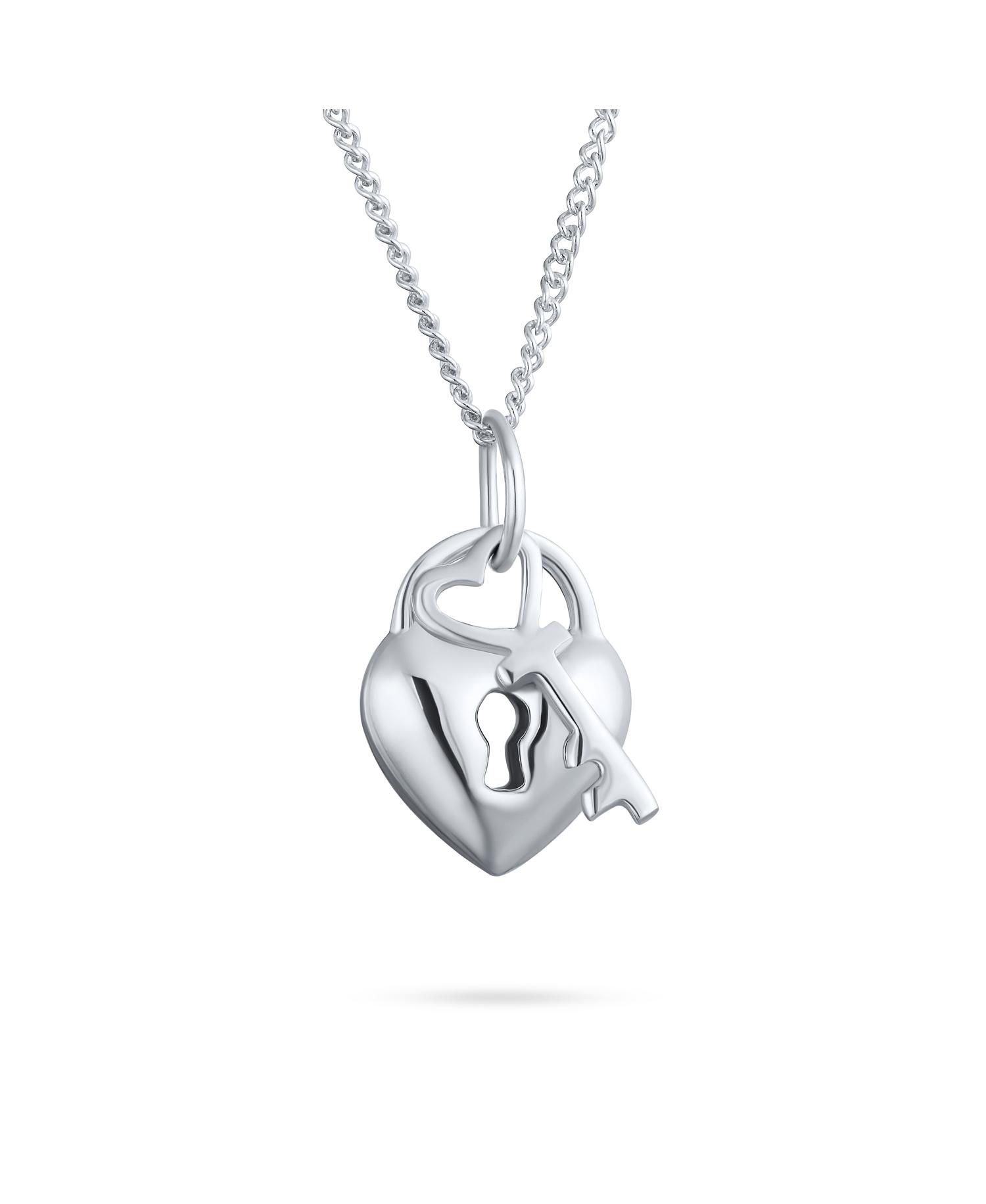 2 Charm Love Lock and Key Heart Pendant Necklace .925 Sterling Silver