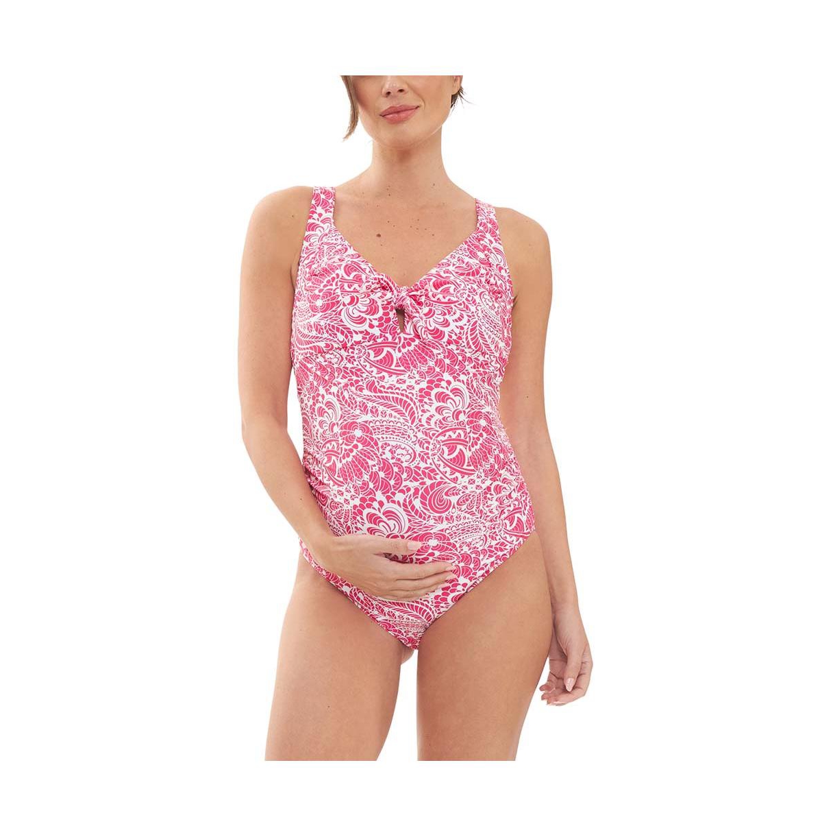 Maternity Ripe Janis Tie Front One Piece Hot Pink/White - Hot pink/white