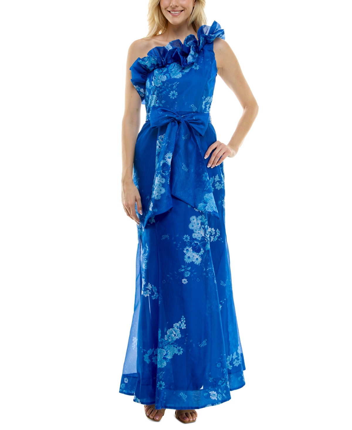 Women's Ruffled One-Shoulder Organza Gown - Sapphire/Blue