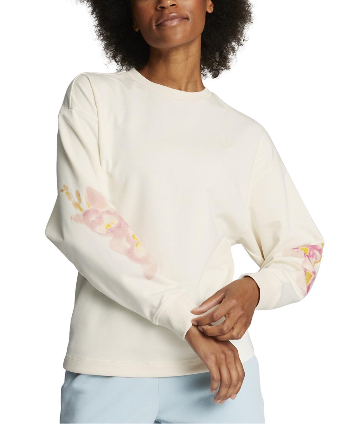 Puma Women's Watercolor Floral Graphic Crewneck Sweatshirt In Sugared Almond