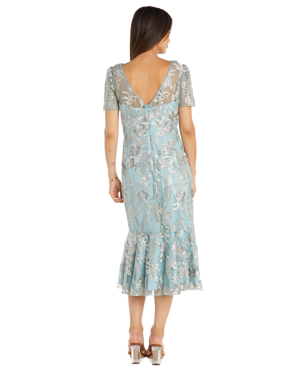Shop R & M Richards Women's Embroidered Tea-length Flounce Dress In Slate
