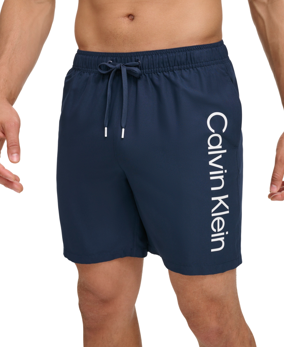 Shop Calvin Klein Men's Core Logo-print 7" Volley Swim Trunks, Created For Macy's In Navy