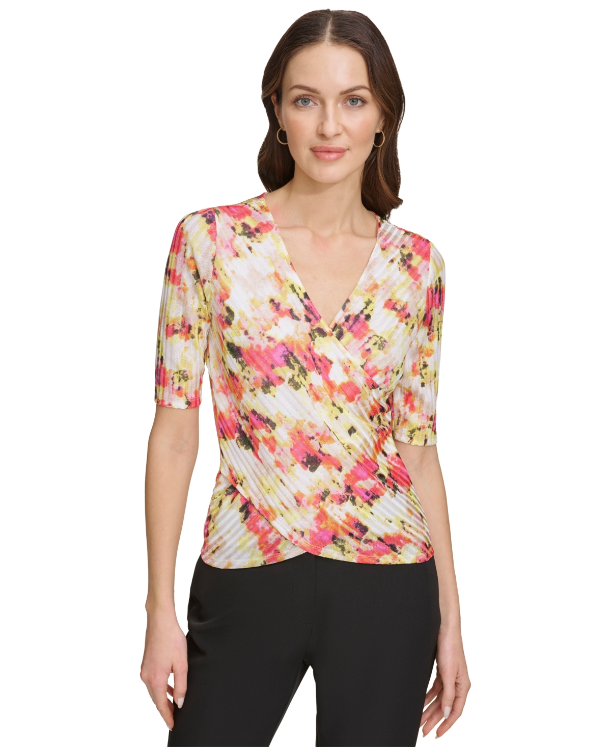 Dkny Women's Printed Textured Surplice Top In Ivory,orange Blossom Multi