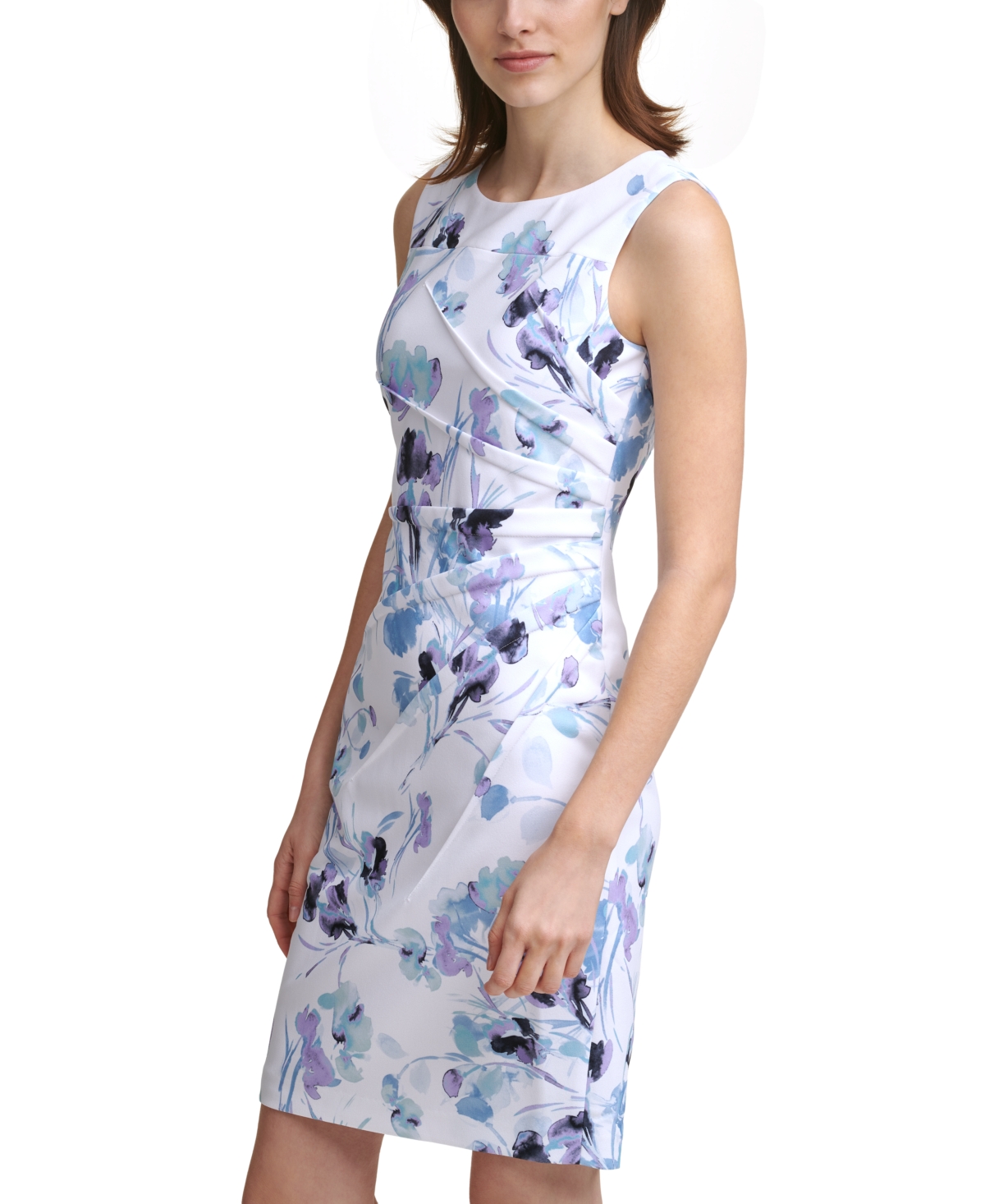 Shop Calvin Klein Petite Floral-print Pleated Sheath Dress In Serene Multi