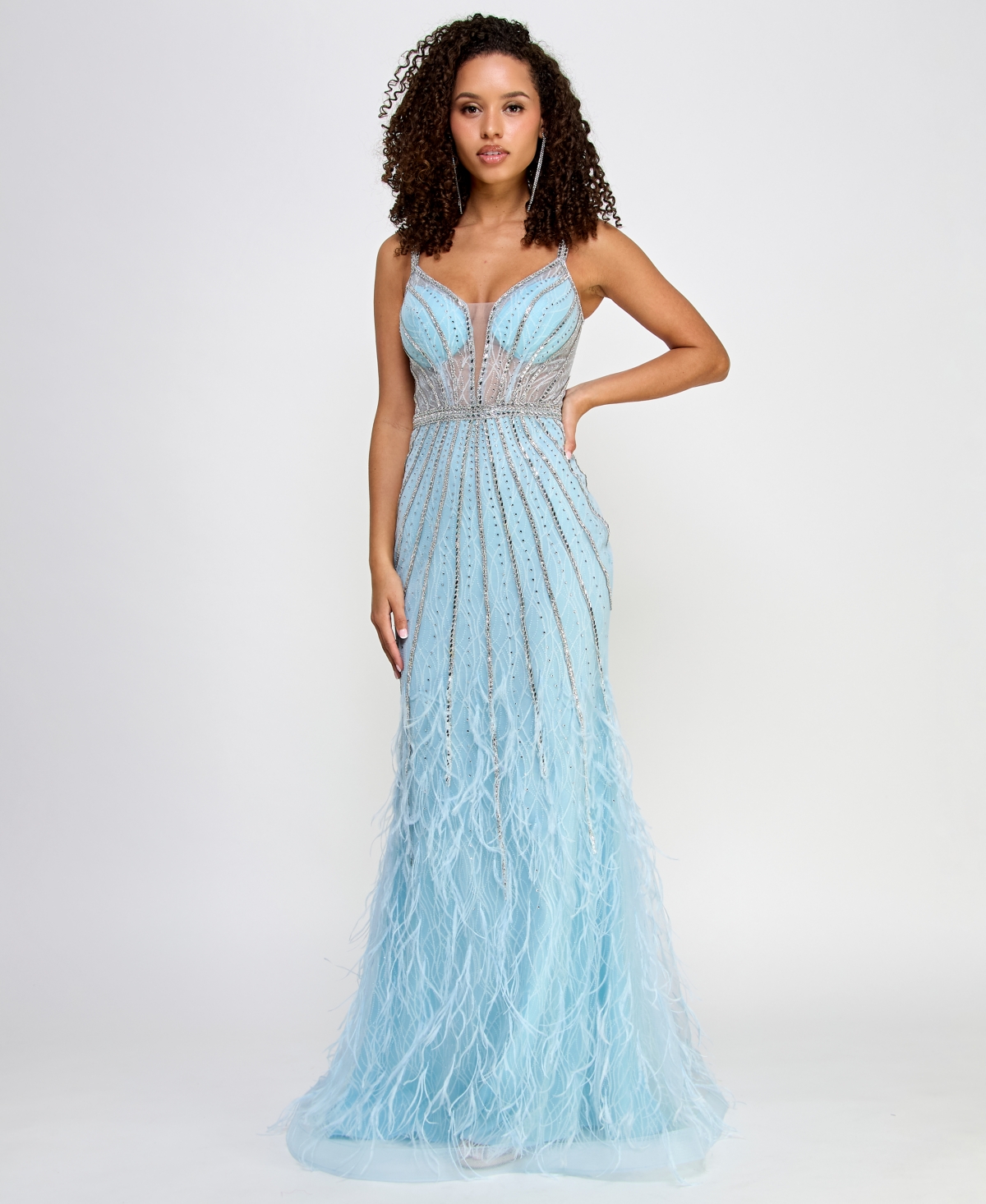 Juniors' Rhinestone Feather-Trim Illusion Gown, Created for Macy's - Light Blue/Crystal
