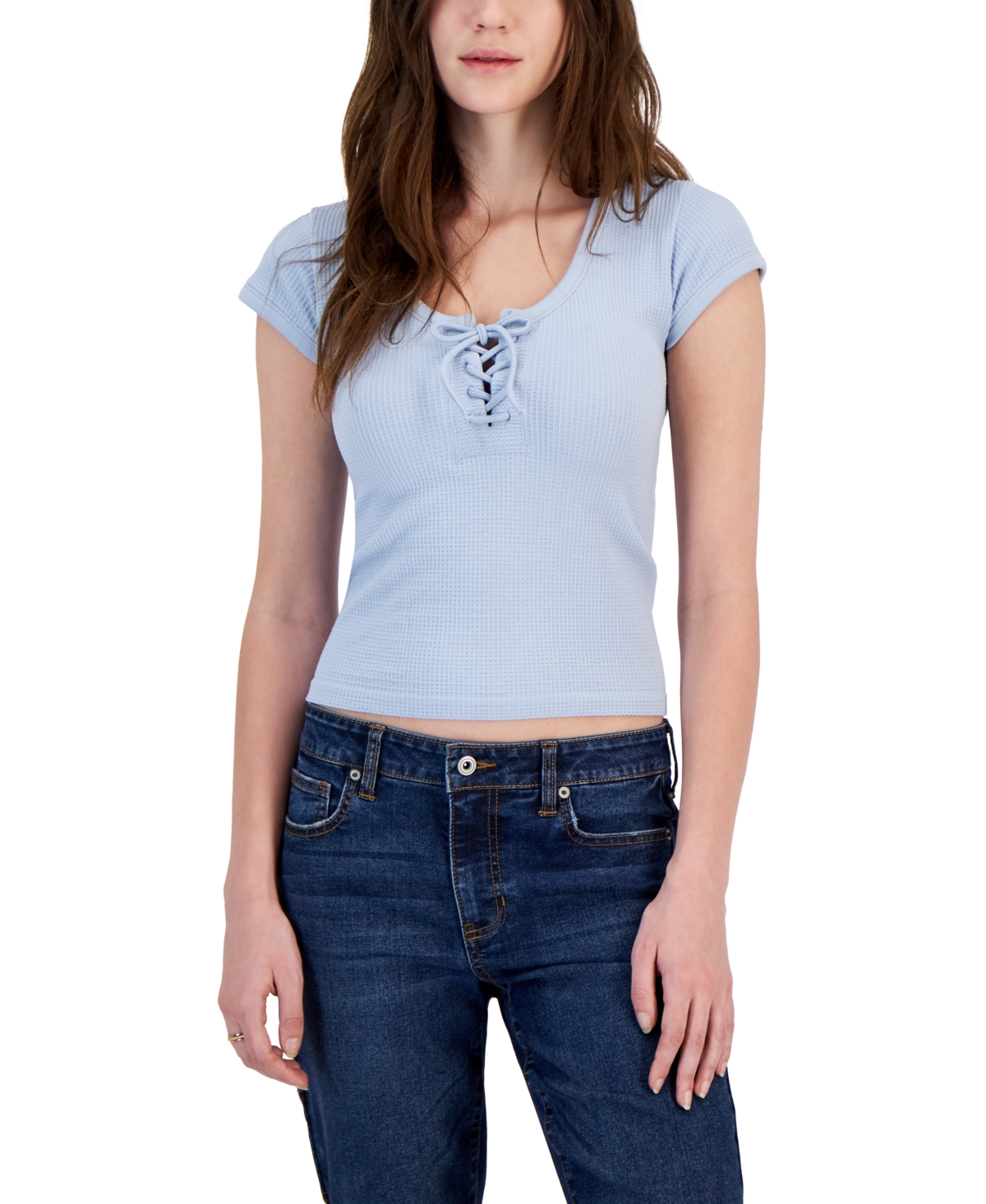 Planet Heart Juniors' Lace-up Seamless Waffle Tee In Skylight Blue