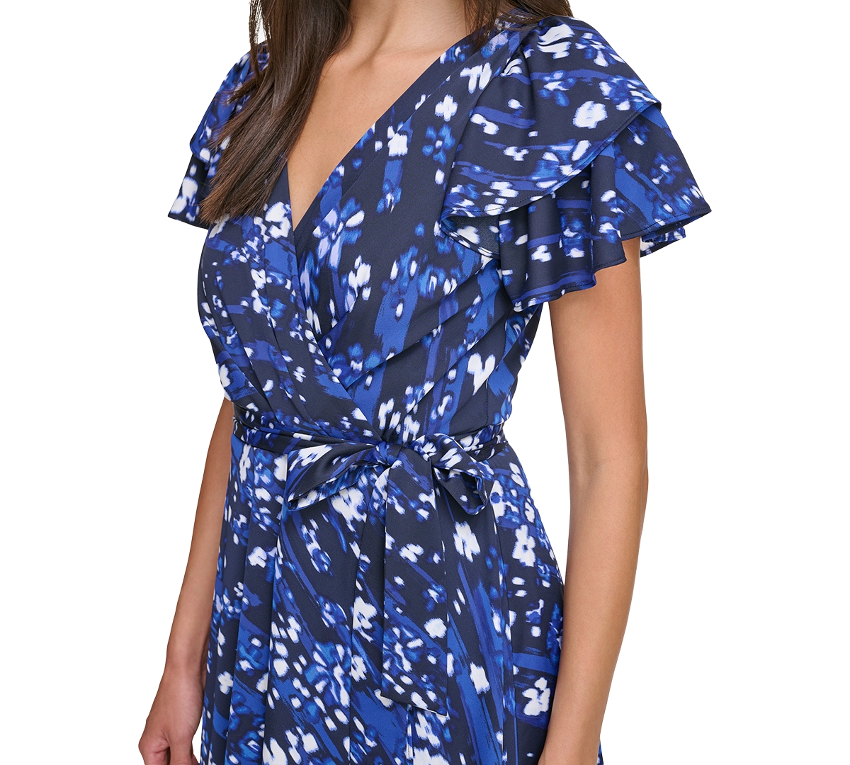 Shop Dkny Women's Layered Flutter-sleeve Tie-waist Dress In Navy Multi