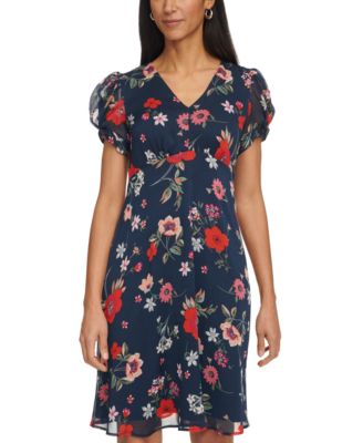 Calvin Klein Women's Printed Chiffon Tulip-Sleeve Knee