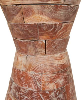 14" x 14" x 19" Teak Wood Geometric Handmade Stacked Wood Pieces Hourglass Accent Table