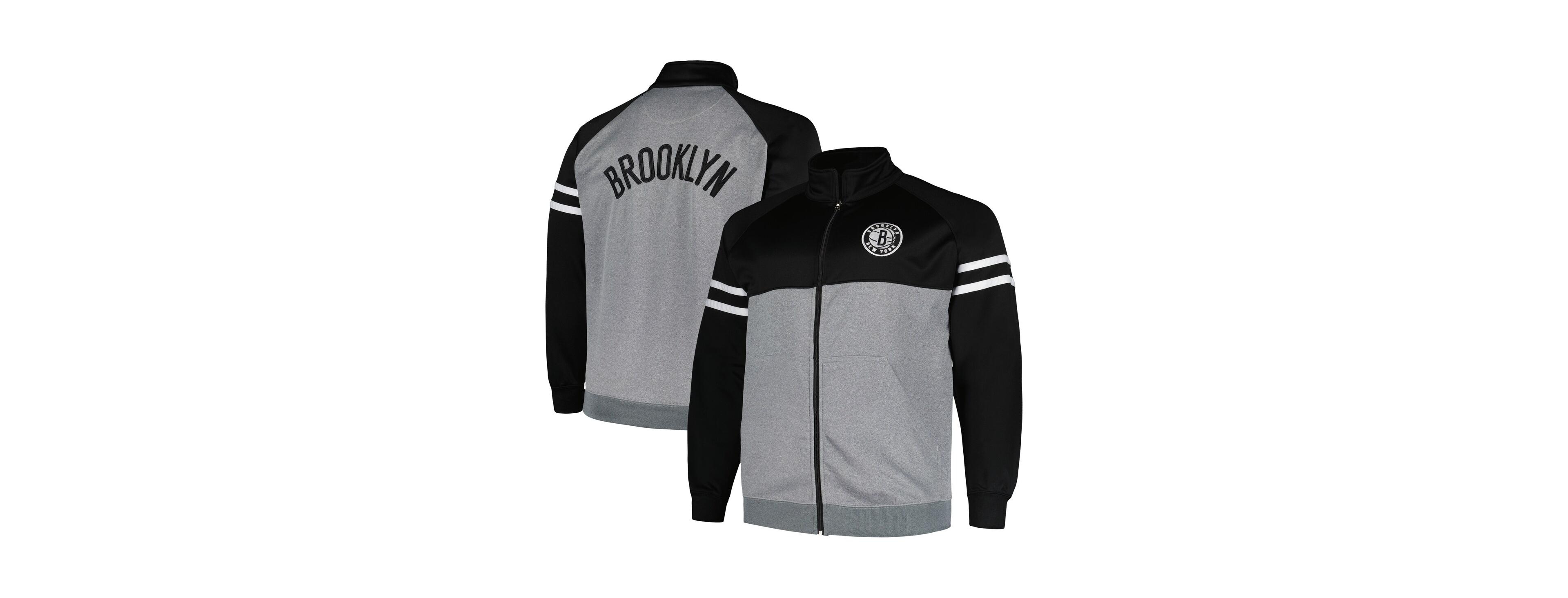 Men's Fanatics Black, Heather Gray Brooklyn Nets Big and Tall Pieced Stripe Raglan Full-Zip Track Jacket