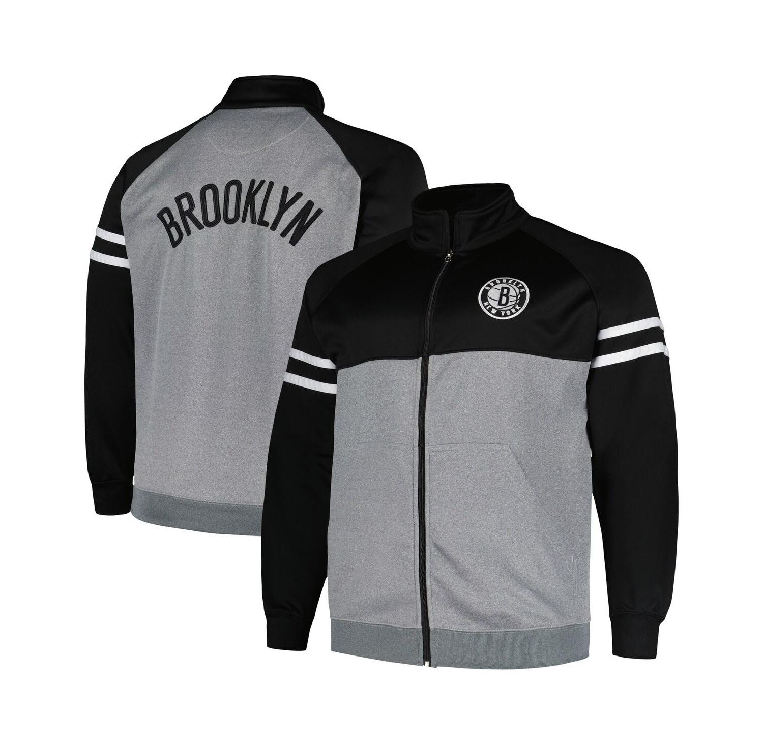 Men's Black, Heather Gray Brooklyn Nets Big and Tall Pieced Stripe Raglan Full-Zip Track Jacket