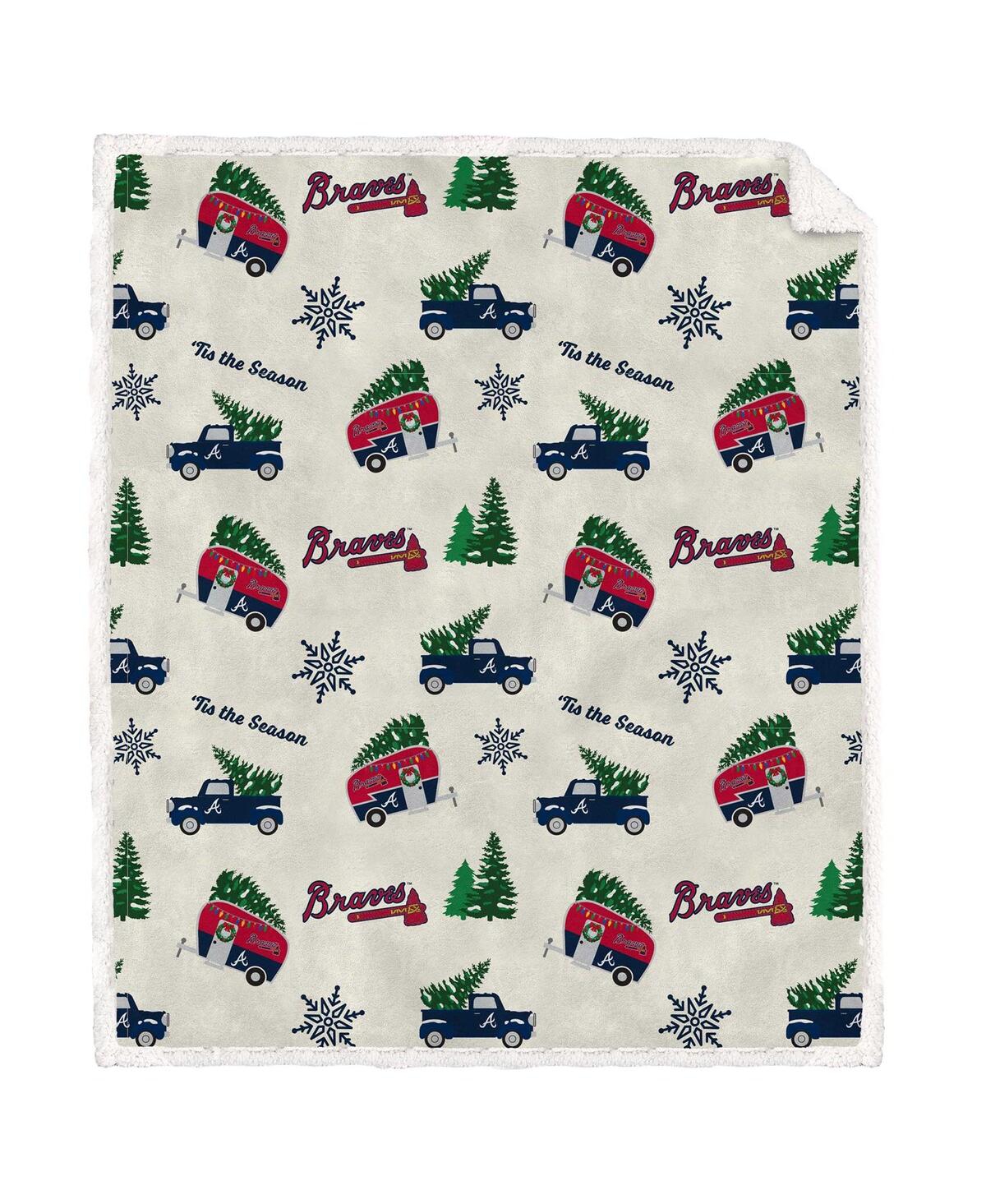 Pegasus Home Fashions Atlanta Braves Holiday Truck Repeat 50" X 60" Sherpa Flannel Fleece Blanket In White