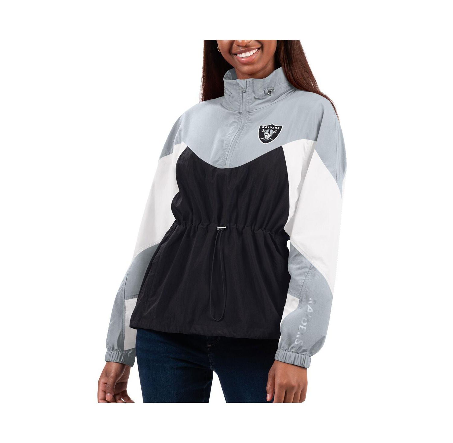 Women's Black, Silver Las Vegas Raiders Tie Breaker Lightweight Quarter-Zip Jacket