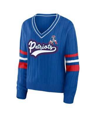 Women's Royal Distressed New England Patriots Throwback V-Neck Sweater