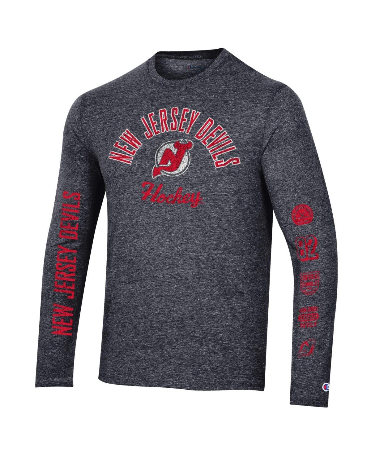 Shop Champion Men's  Heather Black Distressed New Jersey Devils Multi-logo Tri-blend Long Sleeve T-shirt
