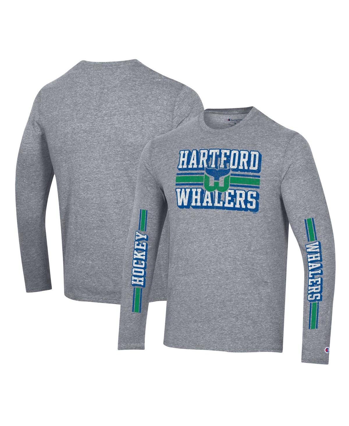 Shop Champion Men's  Heather Gray Distressed Hartford Whalers Tri-blend Dual-stripe Long Sleeve T-shirt