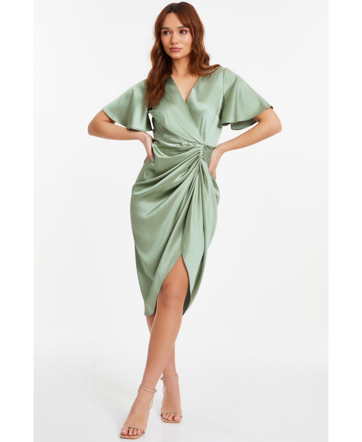 Women's Satin Ruched Wrap Midi Dress - Green