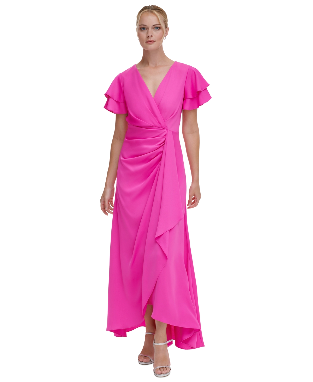 Women's Double Flutter-Sleeve Cascading Gown - Power Pink