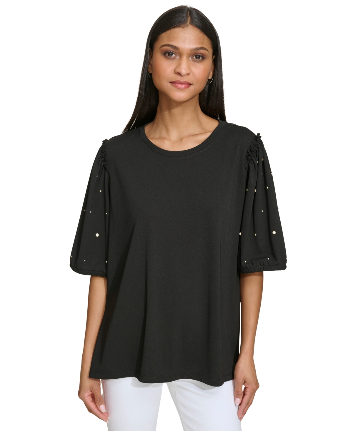 Shop Karl Lagerfeld Women's Embellished-sleeve T-shirt In Black