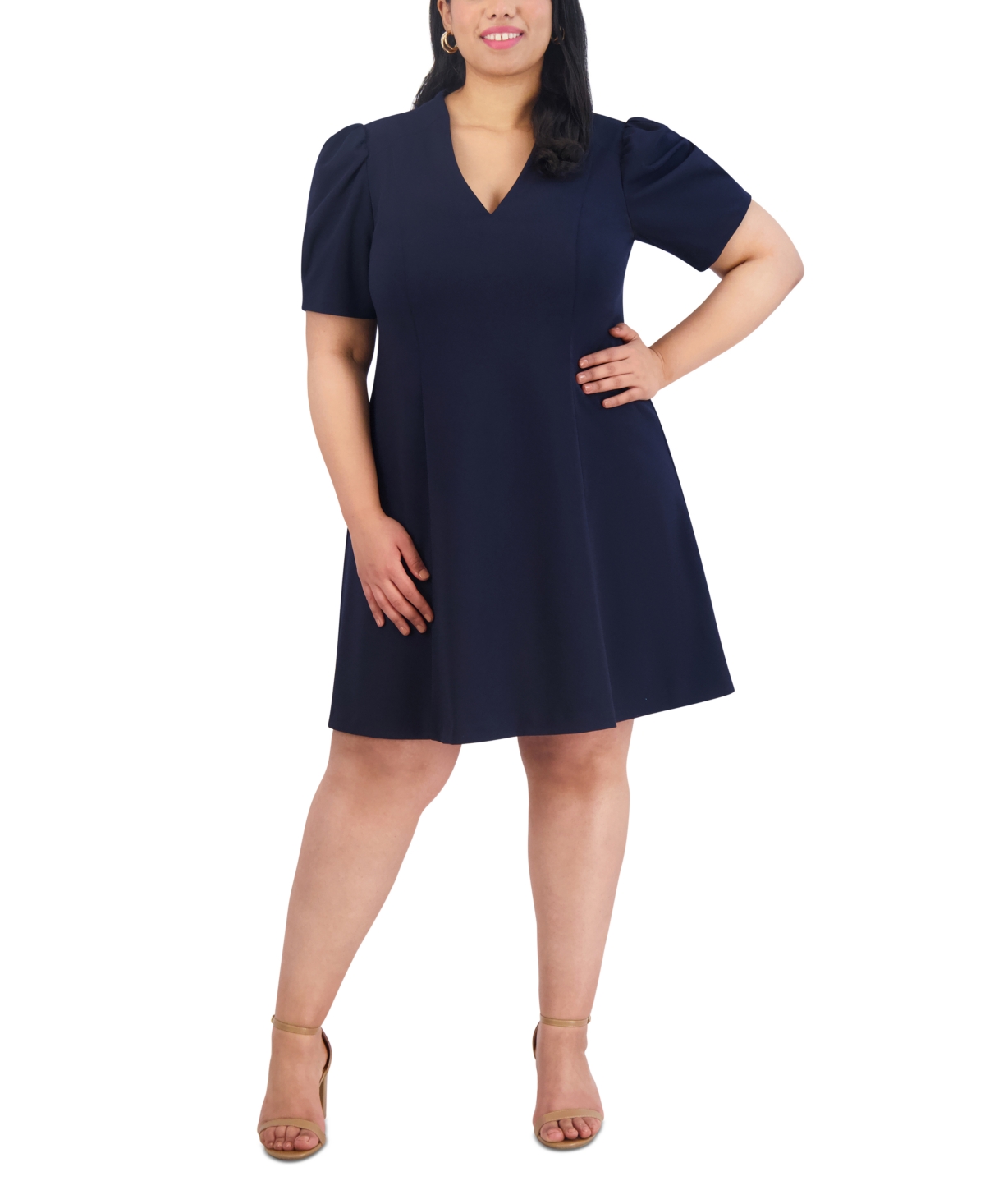 Plus Size V-Neck Short-Sleeve A-Line Dress - Navy