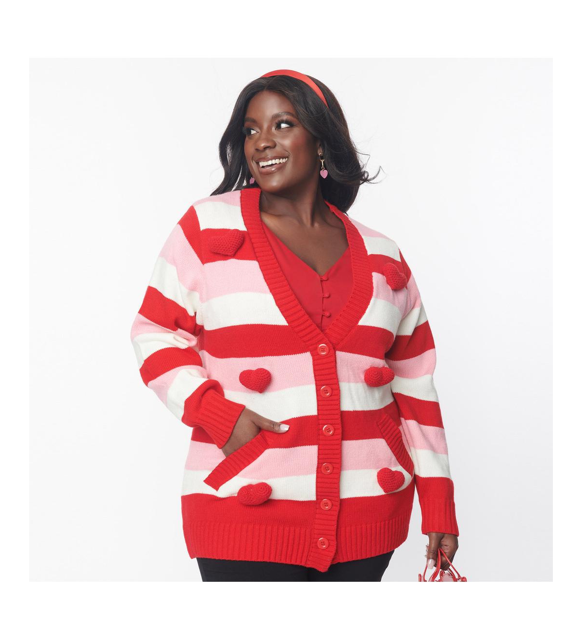 Plus Size Pink & Red Striped Crochet Hearts Cardigan - White/red/pink stripes