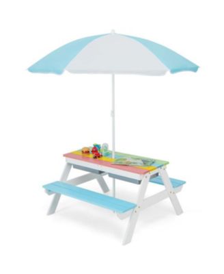 3-in-1 Kids Outdoor Picnic Water Sand Table with Umbrella Play Boxes