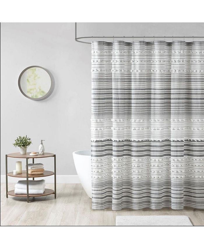 Home Outfitters Grey 100 Cotton Yarn Dye Shower Curtain with Pompoms