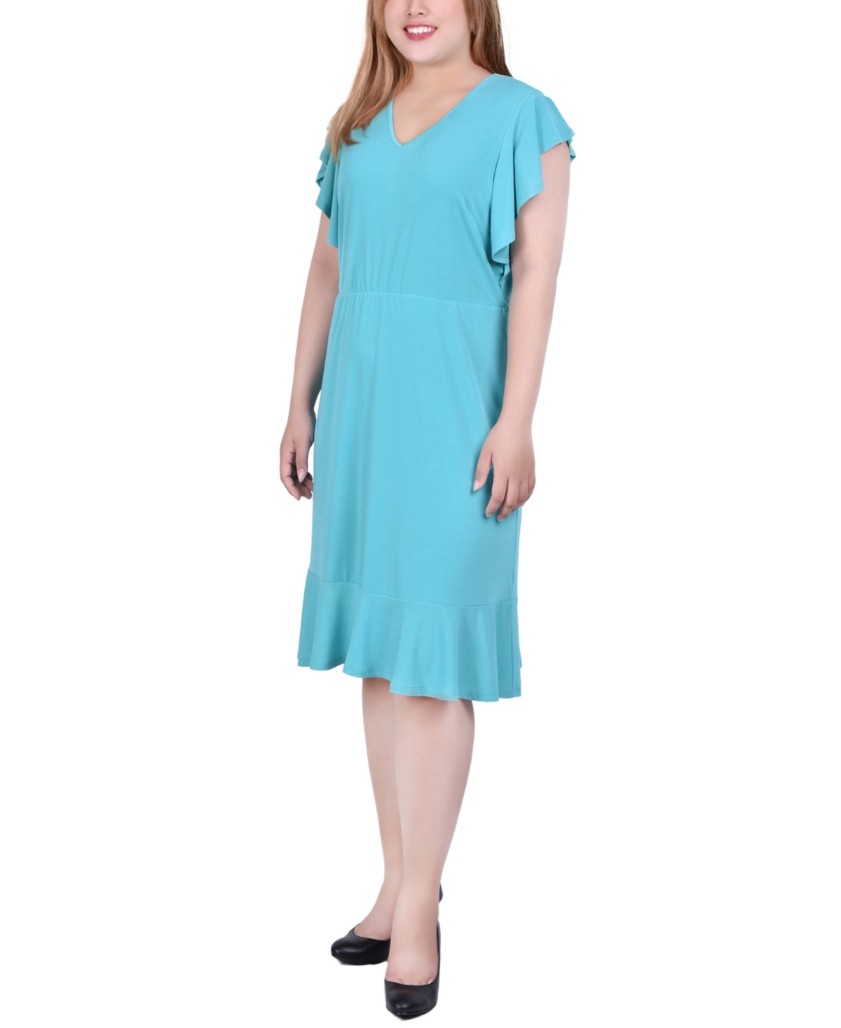 Shop Ny Collection Plus Size Flutter Sleeve Crepe Knit Dress In Jade
