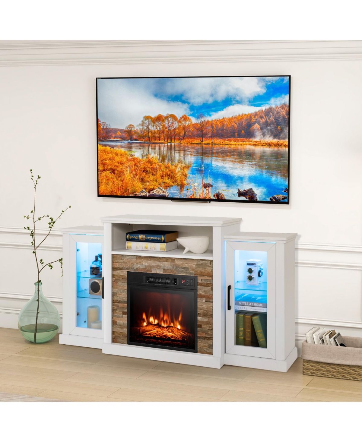Fireplace Tv Stand with 16-Color Led Lights for TVs up to