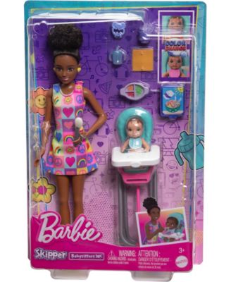 Skipper Babysitters Inc. and Play Set, Includes Doll with Black Hair, Baby, and Mealtime Accessories, 10 Piece Set