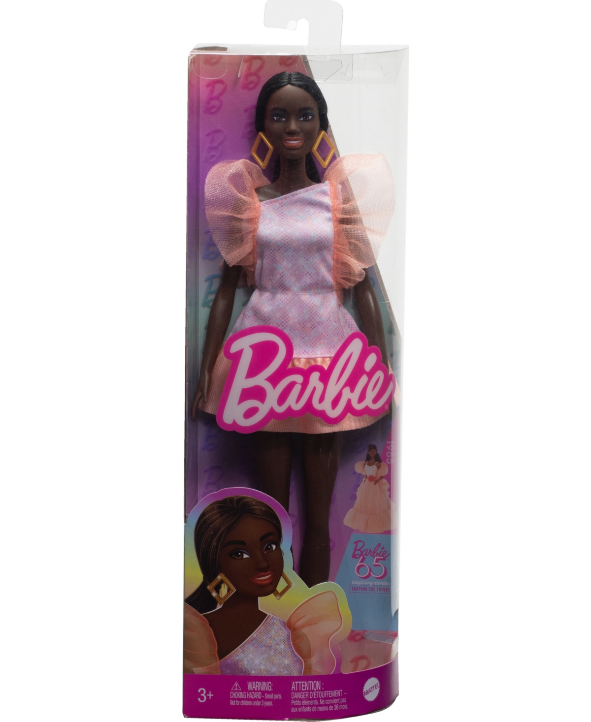 Shop Barbie Fashionistas Doll 216 With Tall Body, Black Straight Hair And Peach Dress, 65th Anniversary In Multi