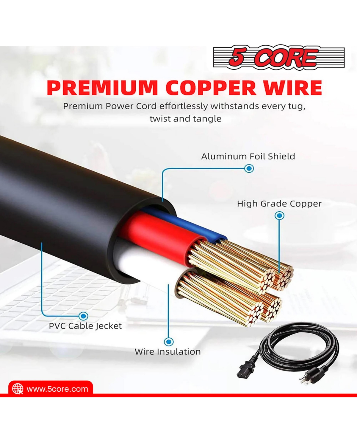 5 Core 3 Prong Extension Cord 6 FeetDurable Three Prong Extension Cable Us Ac 3 Prong Christmas Light Extension Cord -Pc 1001 - Black