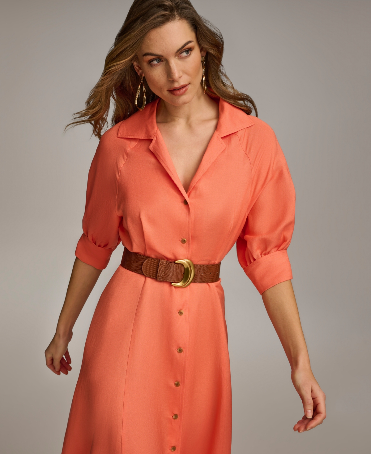 Shop Donna Karan Women's Belted Elbow-sleeve Shirtdress In Melon