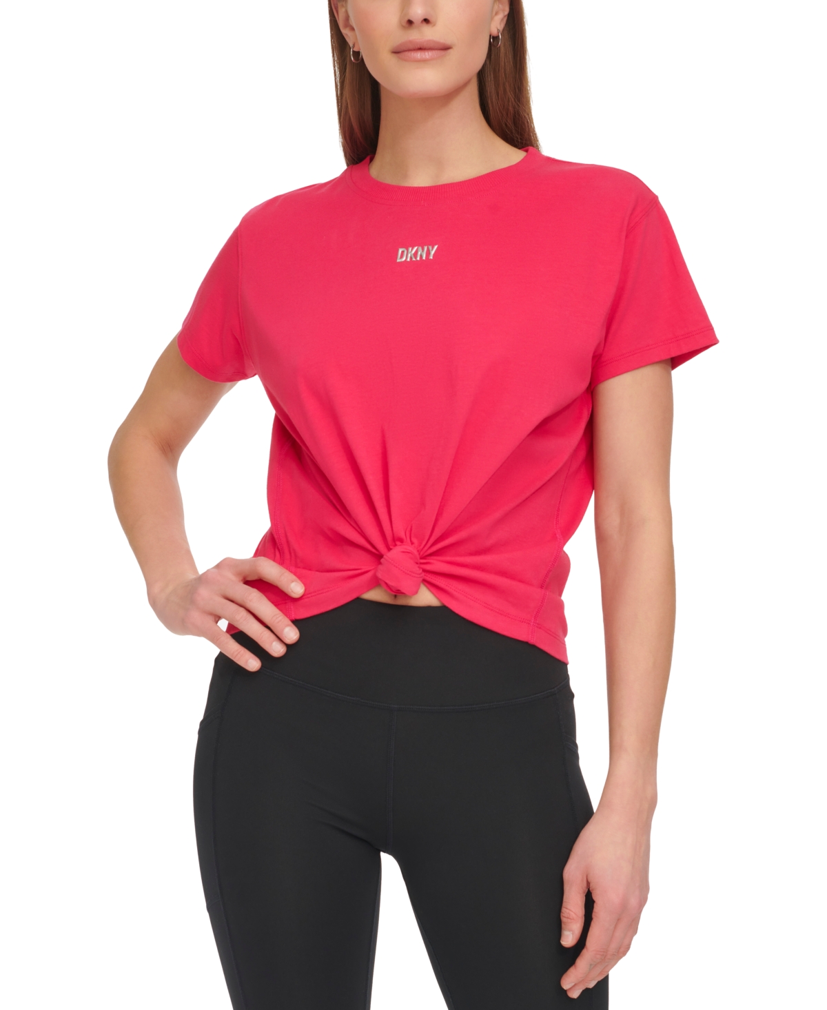 Shop Dkny Sport Women's Knot-front Metallic Logo T-shirt In Virtual Pink