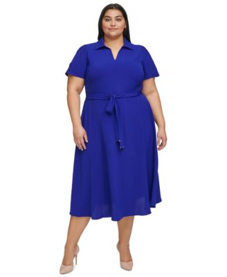 DKNY - Plus Size Tie-Waist Point Collar A-Line Dress