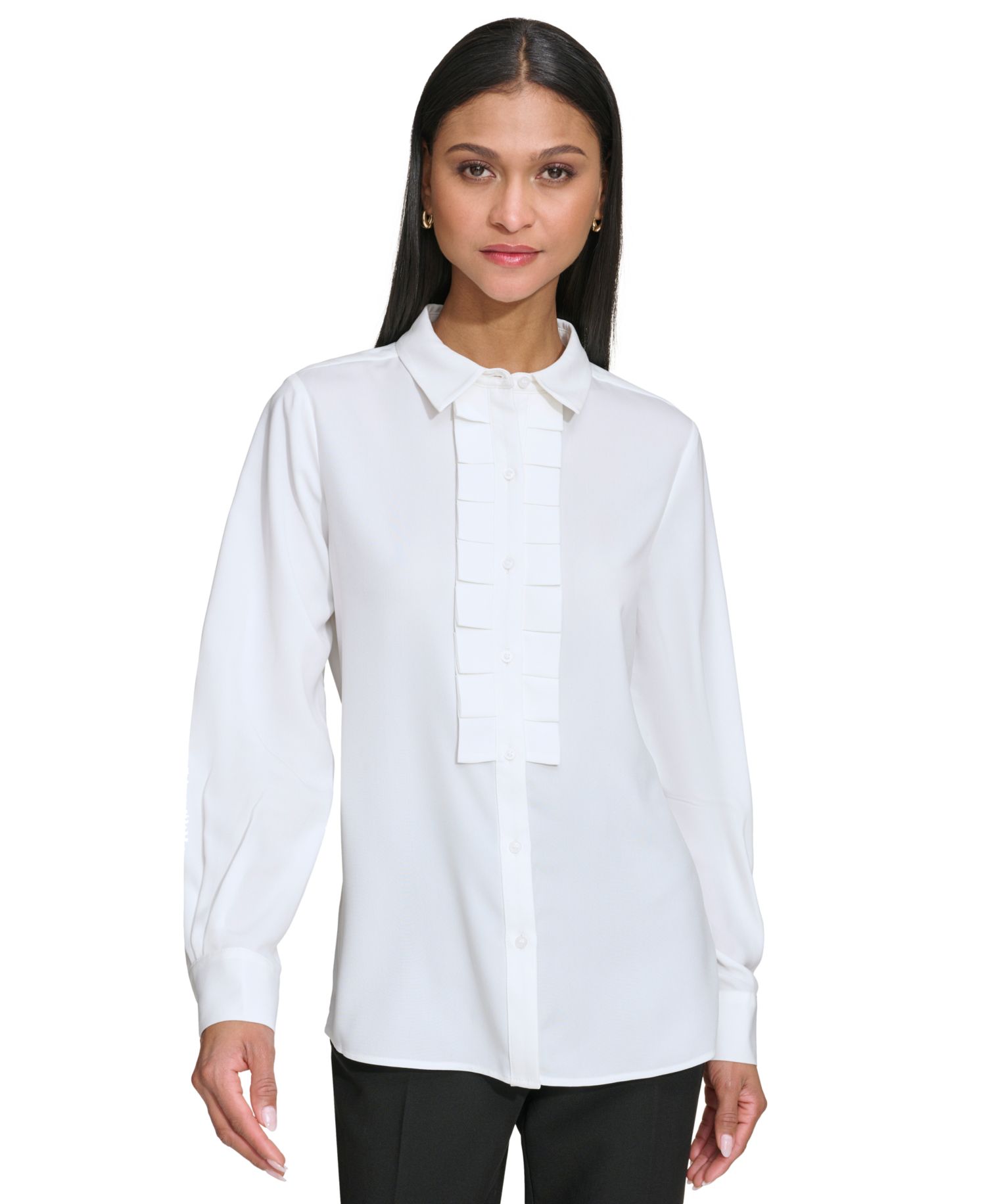 Karl Lagerfeld Petite Collared Pleat-Front Long-Sleeve Top