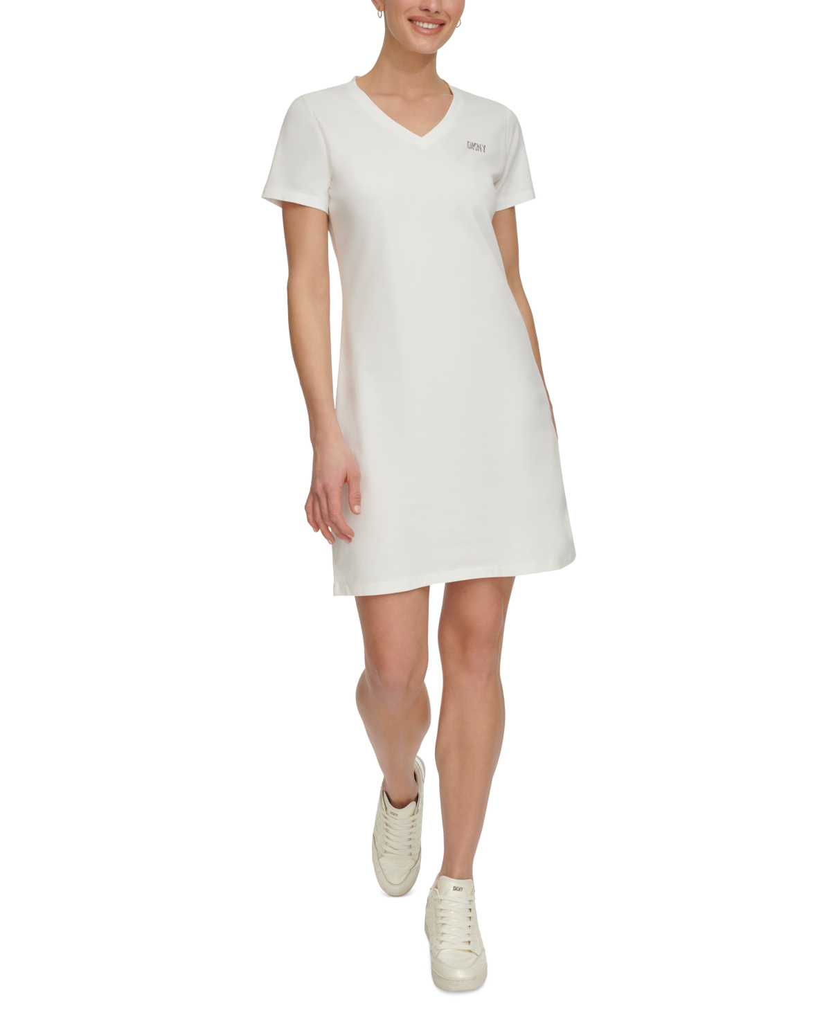 Shop Dkny Sport Women's Metallic-logo V-neck Short-sleeve Dress In White