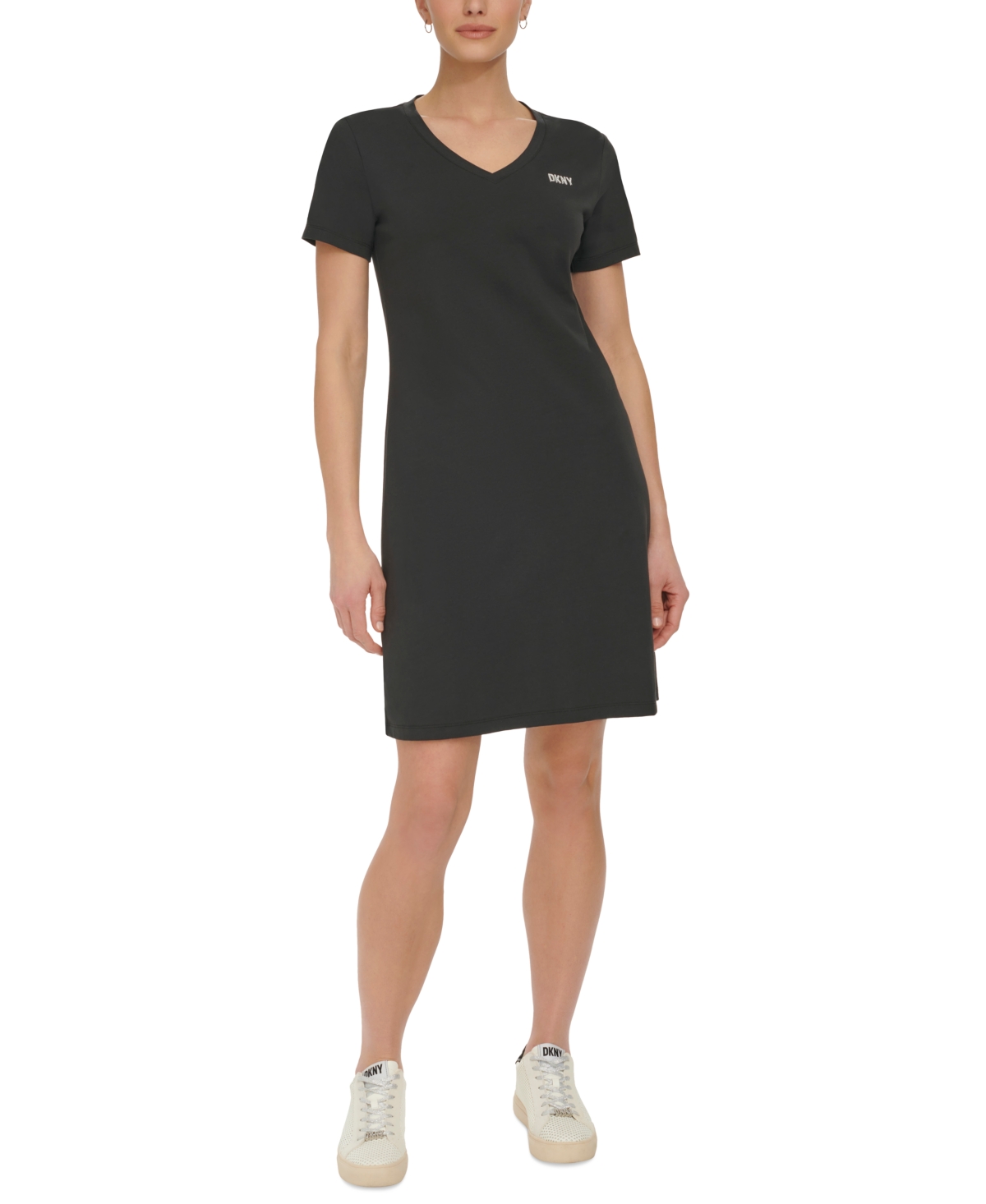 Shop Dkny Sport Women's Metallic-logo V-neck Short-sleeve Dress In Black,silver