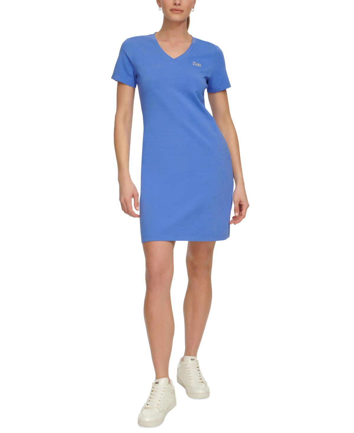Shop Dkny Sport Women's Metallic-logo V-neck Short-sleeve Dress In Amparo Blue