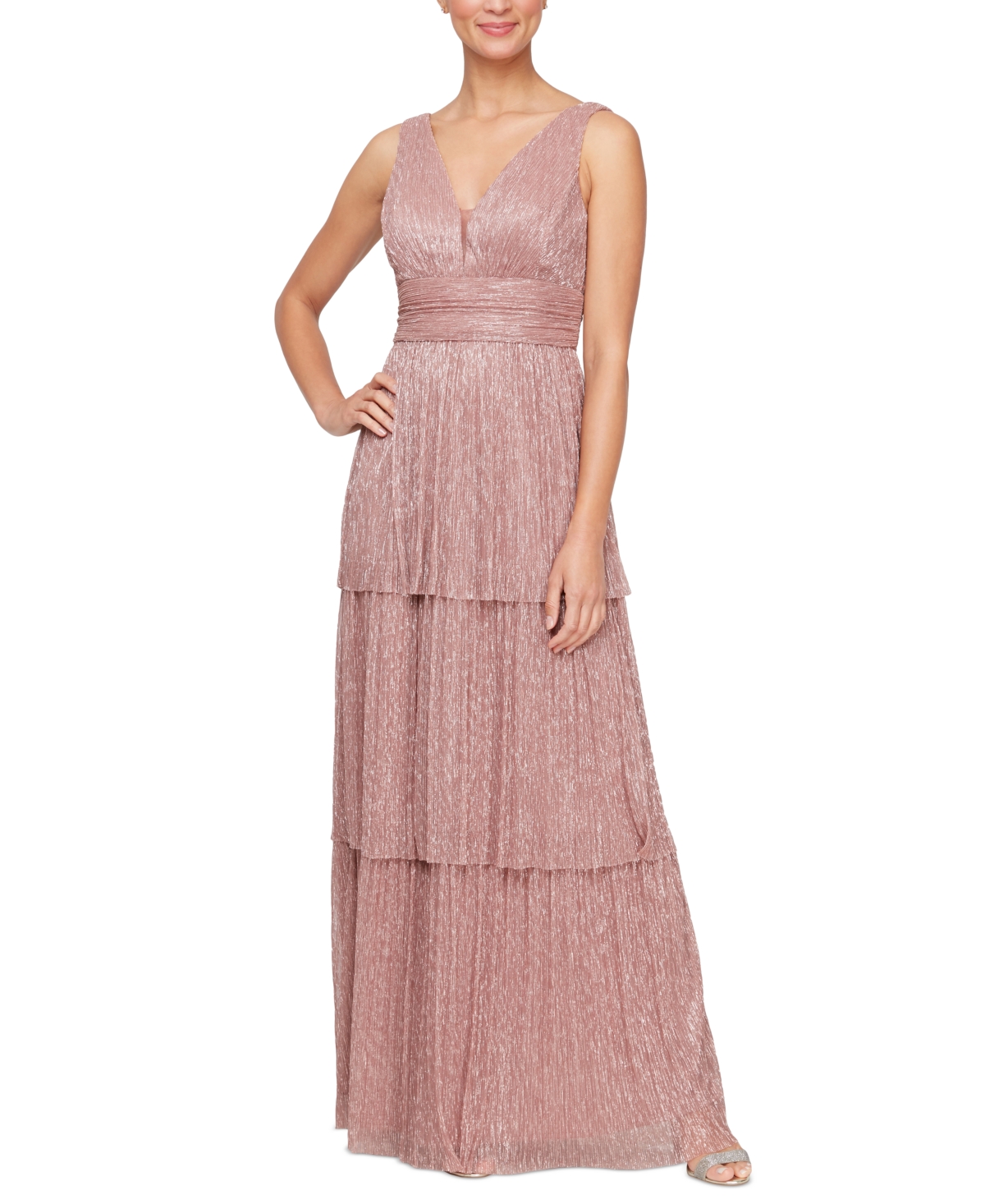 Shop Alex Evenings Women's Metallic Knit Tiered Gown In Rose Gold