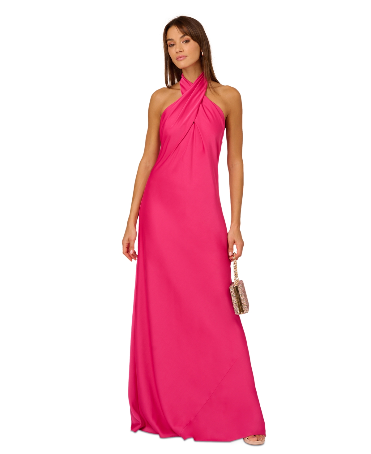 Shop Adrianna By Adrianna Papell Women's Halter Sleeveless Satin Gown In Hot Pink