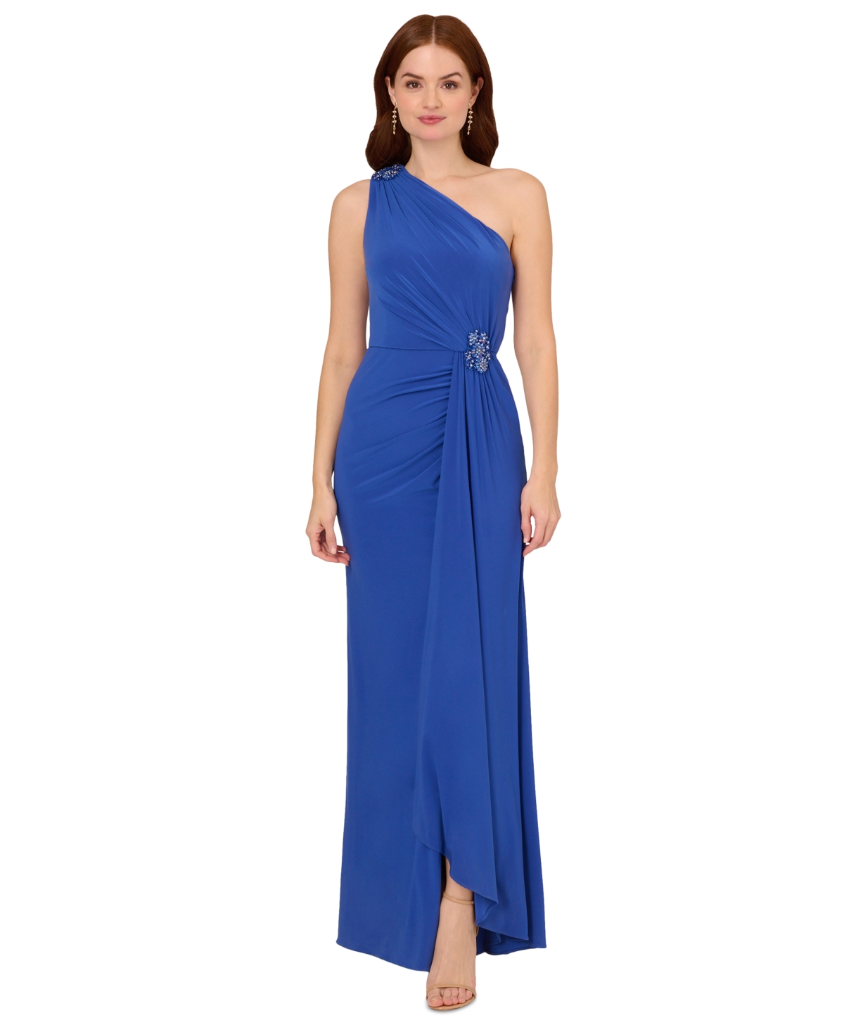 ADRIANNA PAPELL PETITE ONE-SHOULDER DRAPED JERSEY GOWN