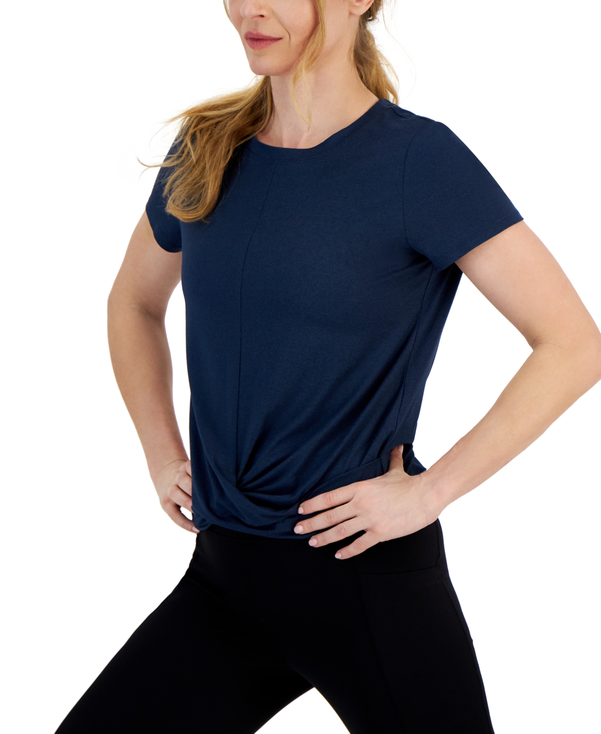 Shop Id Ideology Women's Twist-front Performance T-shirt, Created For Macy's In Navy Serenity,deep Black